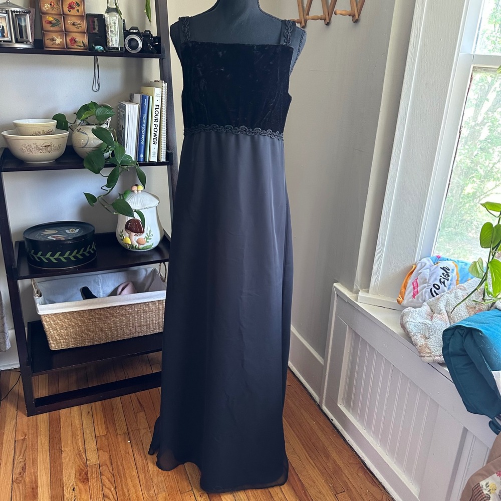 Vintage Black Velvet Empire Waist Maxi Dress Soutache Trim Goth Formal Gown